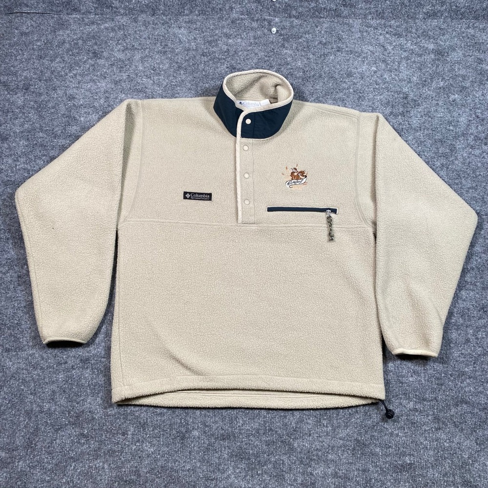 Columbia Mens S Fleece Pullover Tan Navy Snap Mock Neck Made in USA Longleaf